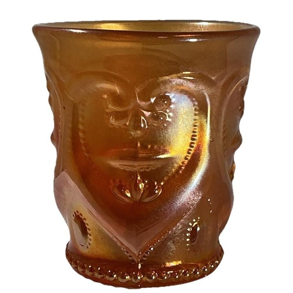 Vintage Marigold Carnival Glass Jeweled Heart Pattern Iridescent Tumbler